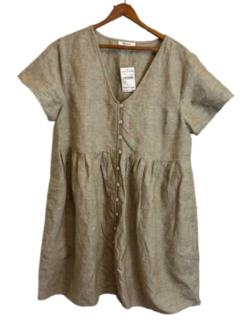 Madewell NWT Linen Blend Babydoll Dress Large Alexandra Beige Button Front - Picture 2 of 7